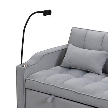 Light Gray Velvet Sofa Bed with Pullout Sleeper Function for Living Room