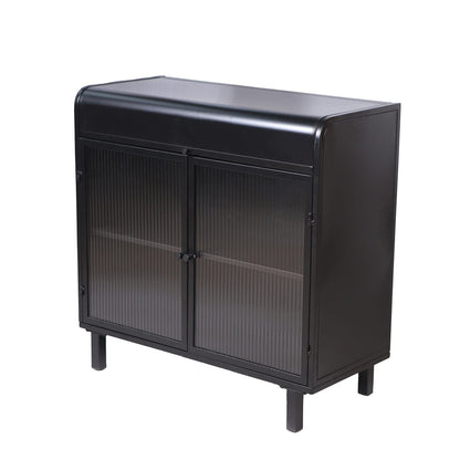 Antique Black Sideboard Buffet Cabinet - Steel & Glass Storage