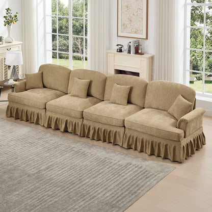Light Coffee Chenille 4 Seat Sofa - Removable Ruffles for Living Room