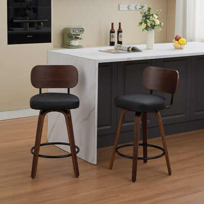 Black PU Leather Bar Stools Set of 2 with Walnut Frame for Dining Room