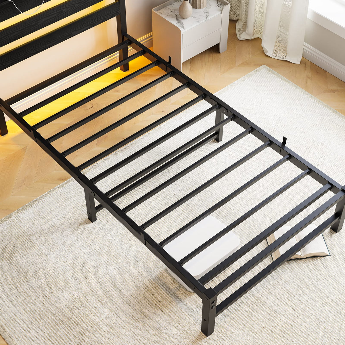 Twin Size Metal Bed Frame with LED Lights & USB Charging