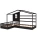 Wood House Bed Twin Size - 2 Twin Solid Beds with Fence & Slatted Frame, Espresso