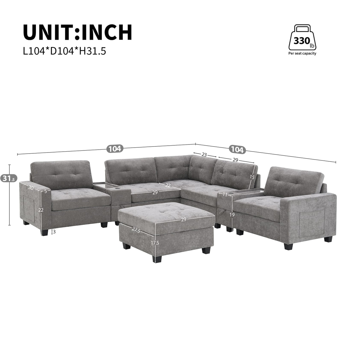 104'' Gray Chenille Sectional Sofa with Movable Ottoman