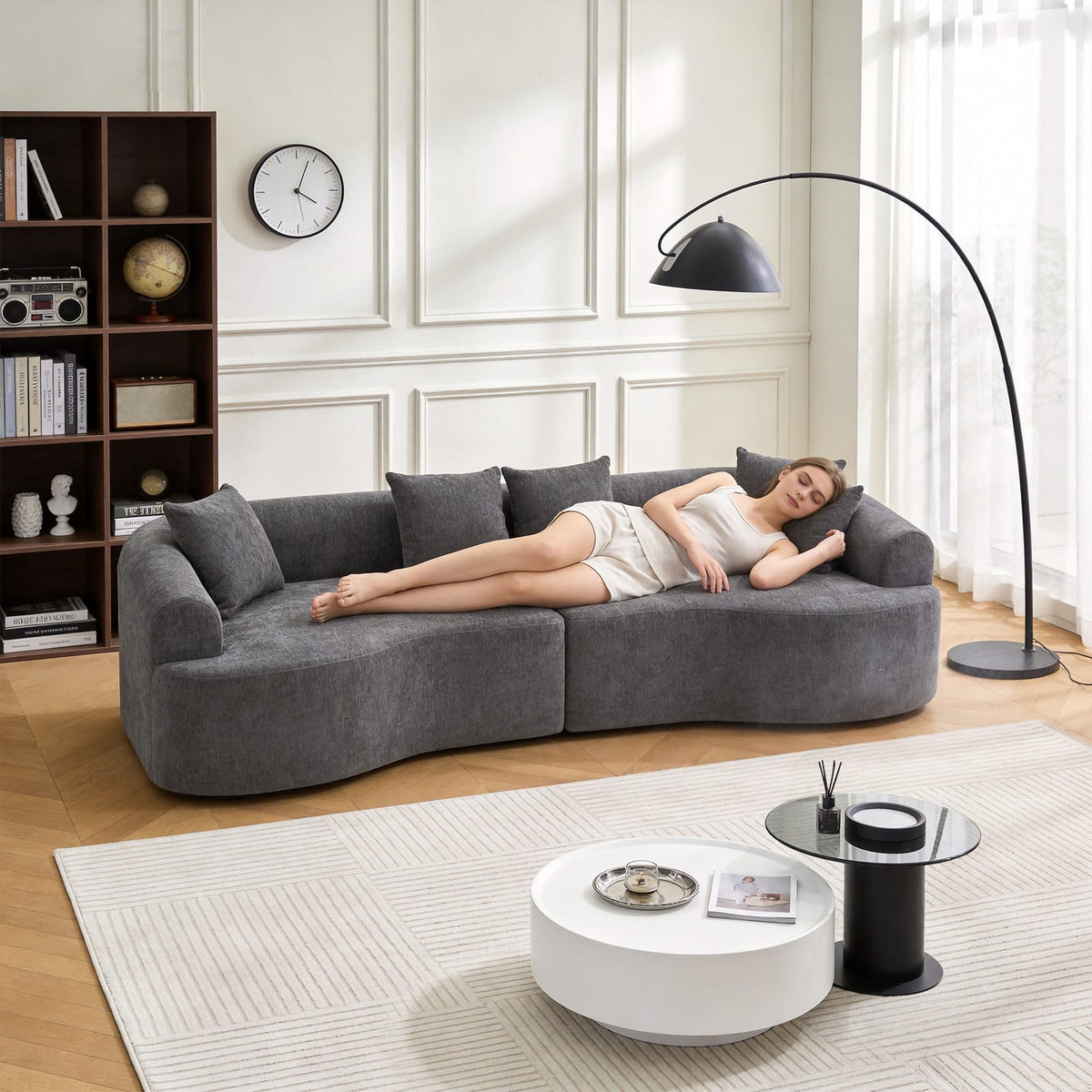 Grey Curved Modular Sofa Sleeper for Living Room Guests in Chenille