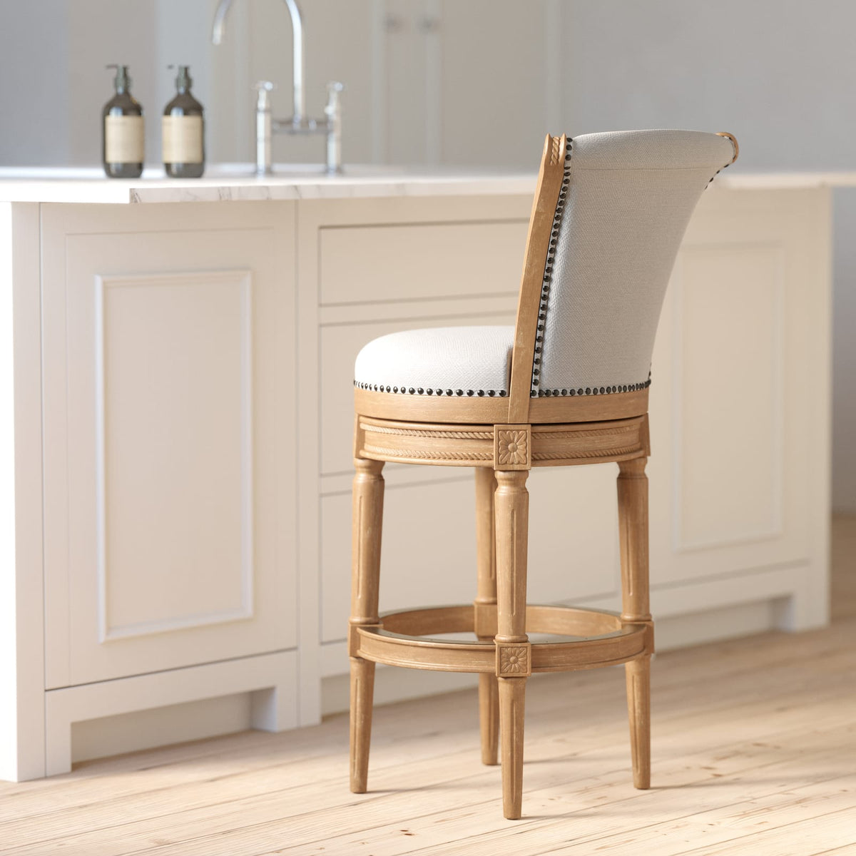 31" Weathered Natural Swivel Barstool - Wood & Gray Fabric