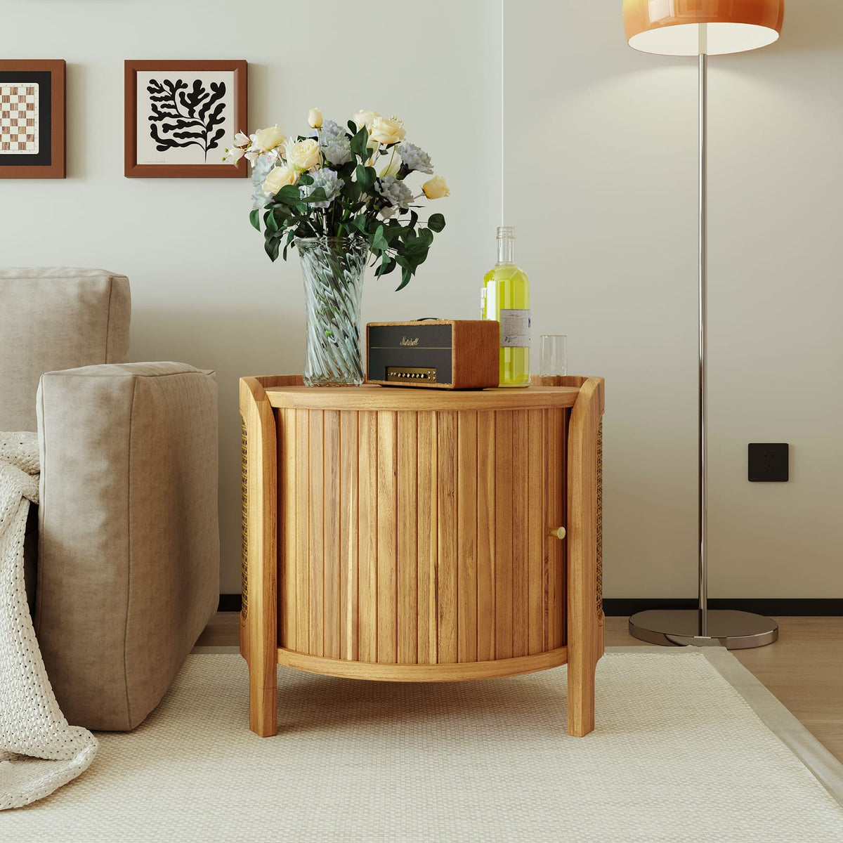Antique Brown Round Coffee Table with Rattan & Storage for Living Room
