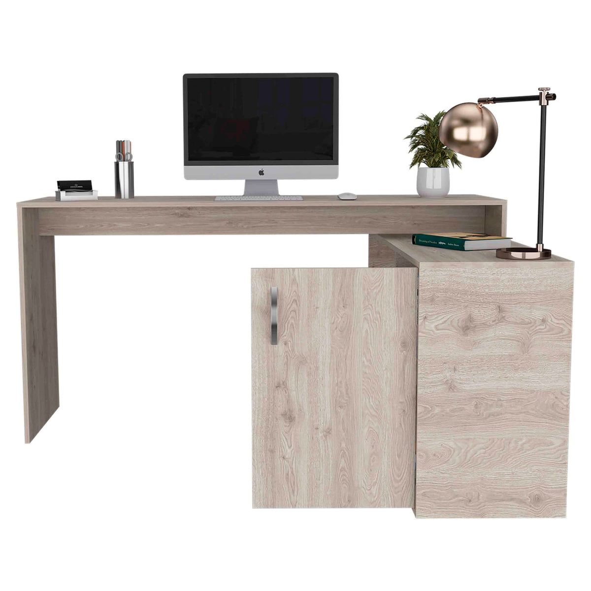 Modern Gray L-Shaped Computer Desk with Open Storage for Office