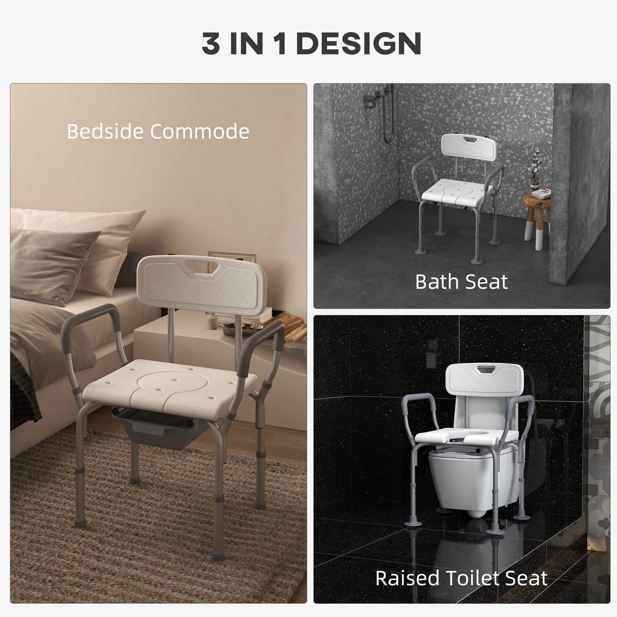 3-in-1 Shower Chair - Bedside Commode & Raised Toilet Seat, White for Living Room