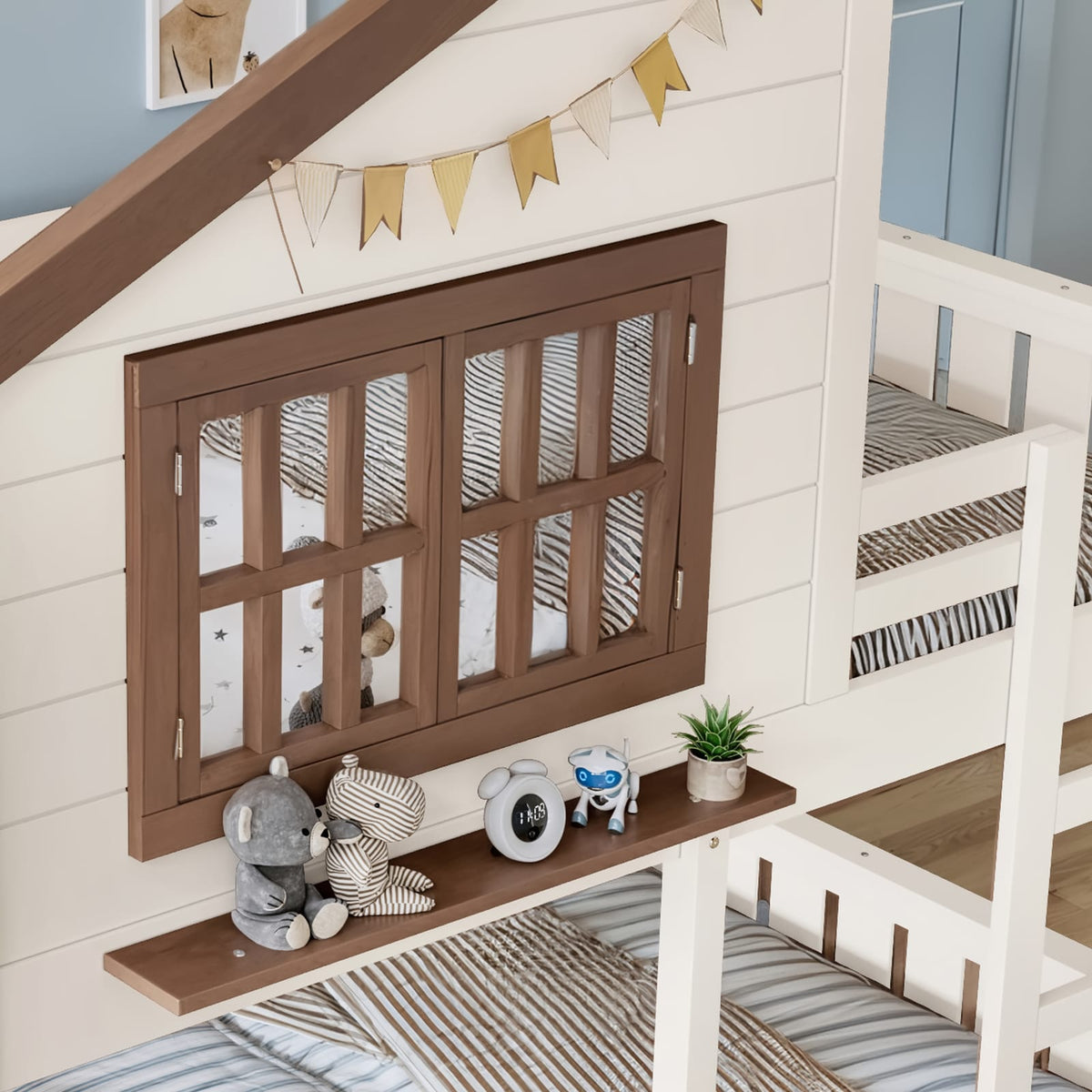 Full Size Bunk Bed with Bookshelf - Beige House Design Loft Bed for Bedroom