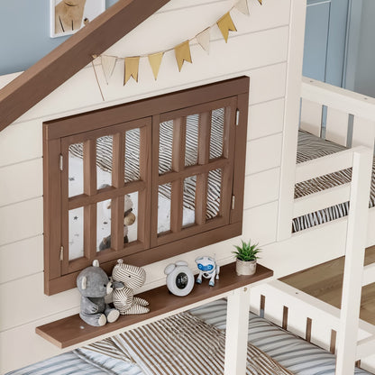Full Size Bunk Bed with Bookshelf - Beige House Design Loft Bed for Bedroom