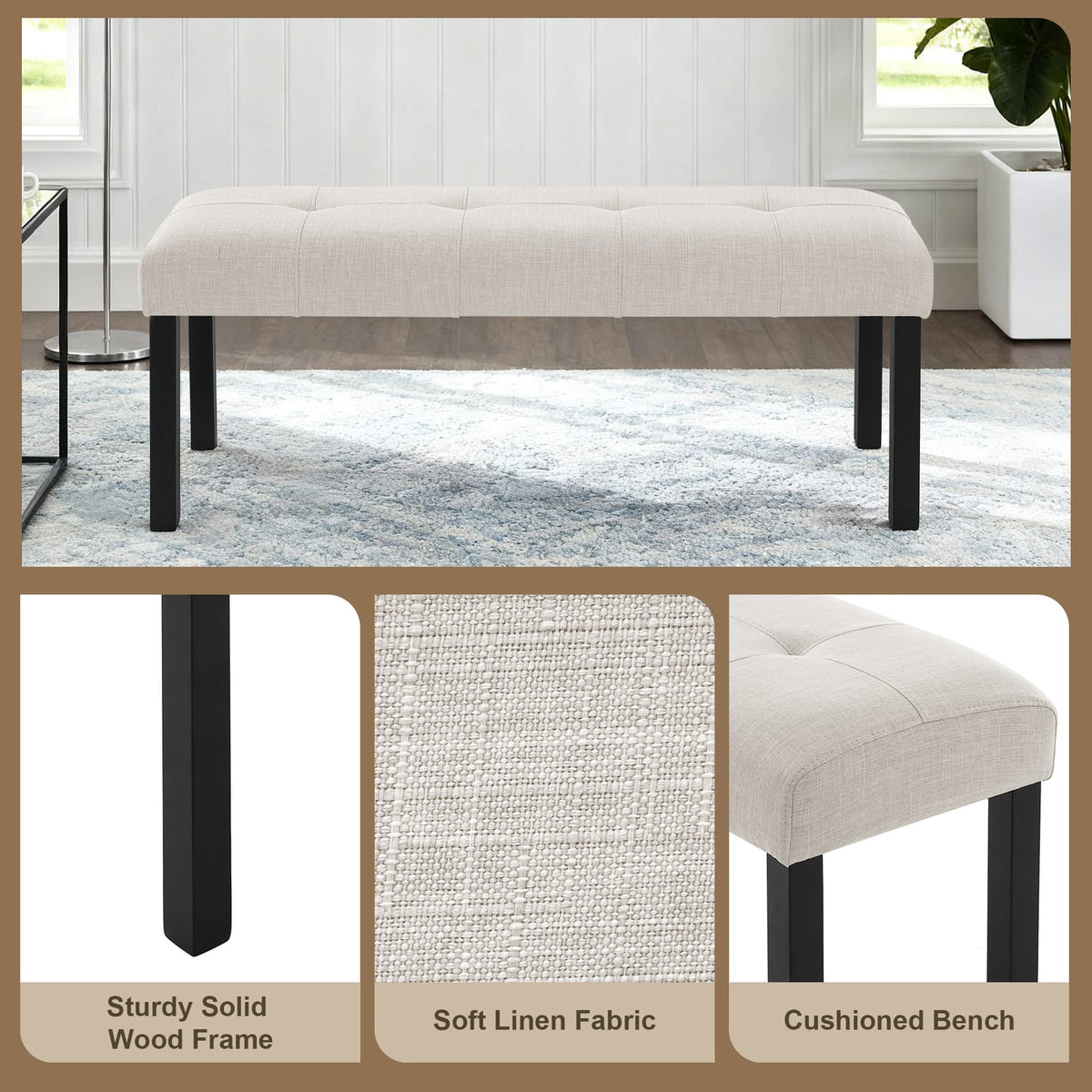 Modern Beige Linen Dining Bench - Farmhouse Entryway Seat