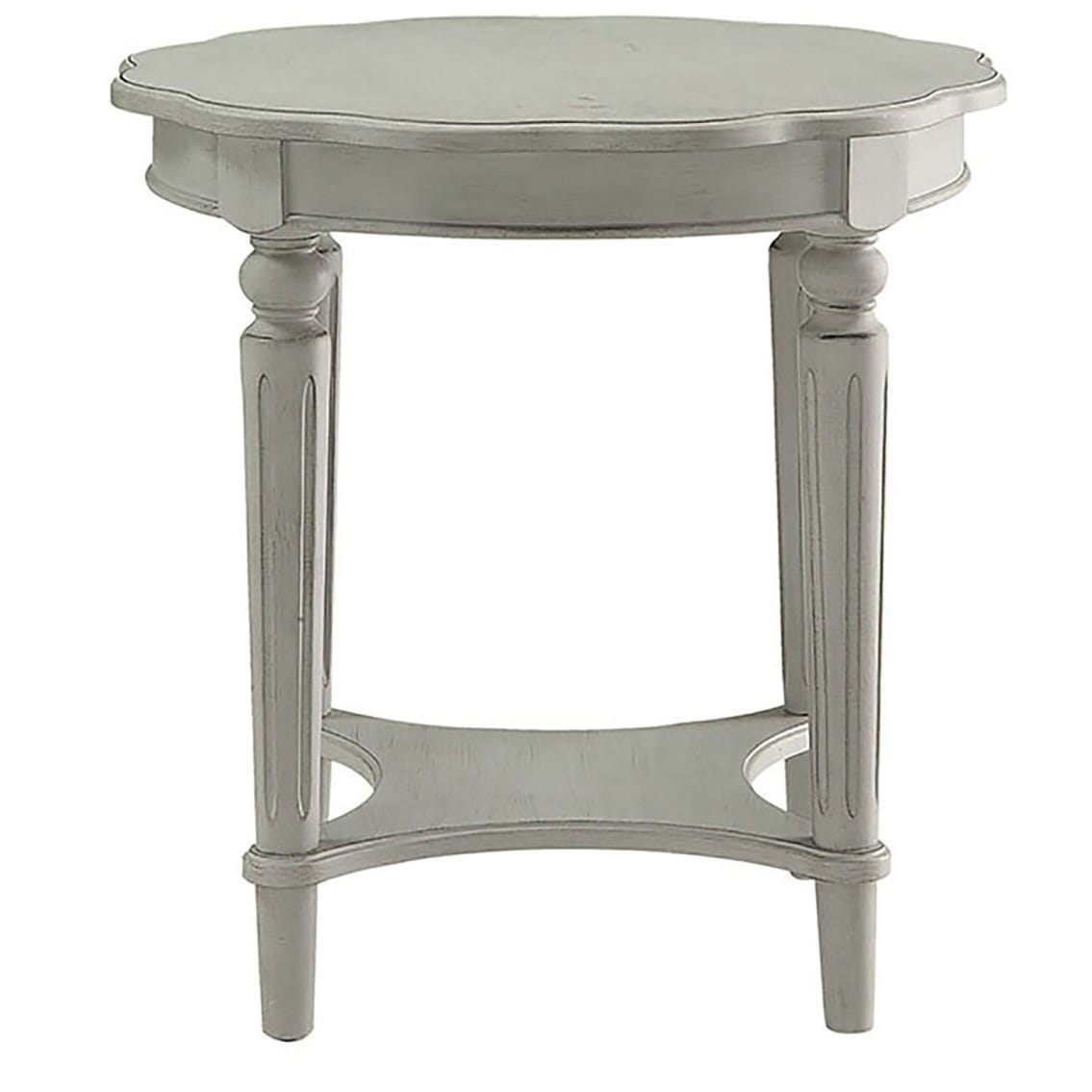 Grey Farmhouse Round End Table with Storage Shelf for Living Room