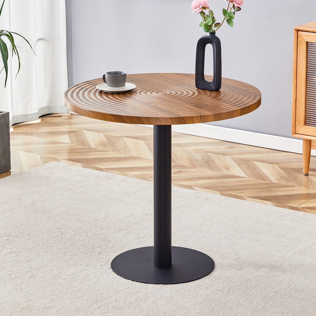 31.5 Inch Round Dark Wood Dining Table - Black Metal Stand