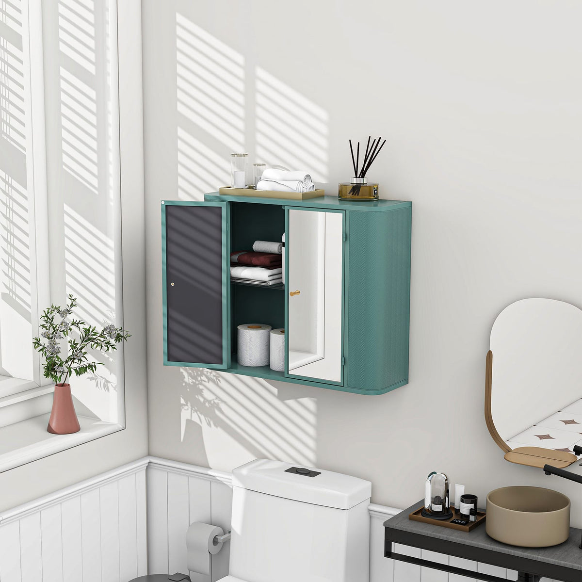 Army Green Bathroom Storage Cabinet with Mirror - 2 Door Wall Mounted