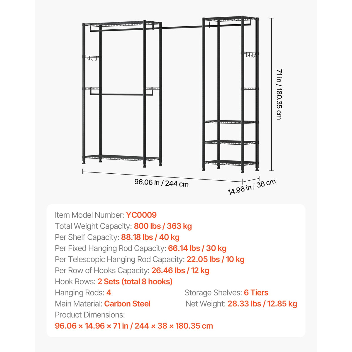 Heavy Duty Clothes Rack - Black Carbon Steel Garment Racks with Adjustable Shelves