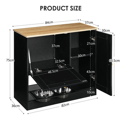 Black Vintage Dog Bed Station with 2 Bowls - 33" Storage