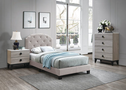 Twin Size Burlap Button Tufted Bed Frame Light Brown