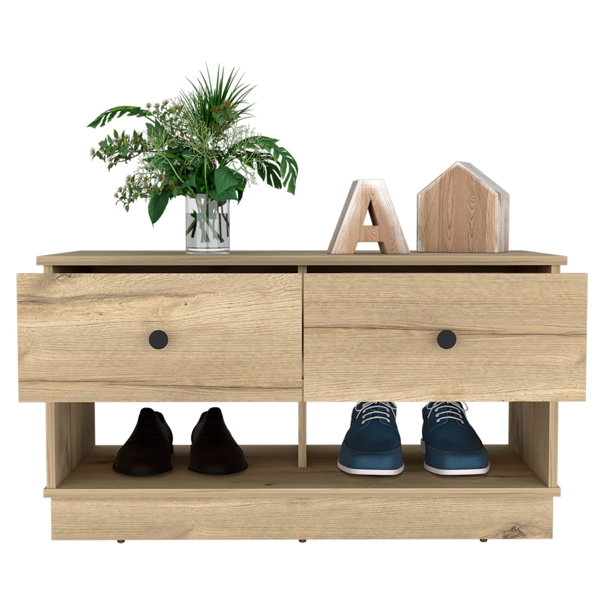Light Oak Storage Bench with Two Drawers & Shelves for Living Room