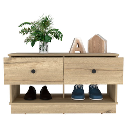 Light Oak Storage Bench with Two Drawers & Shelves for Living Room
