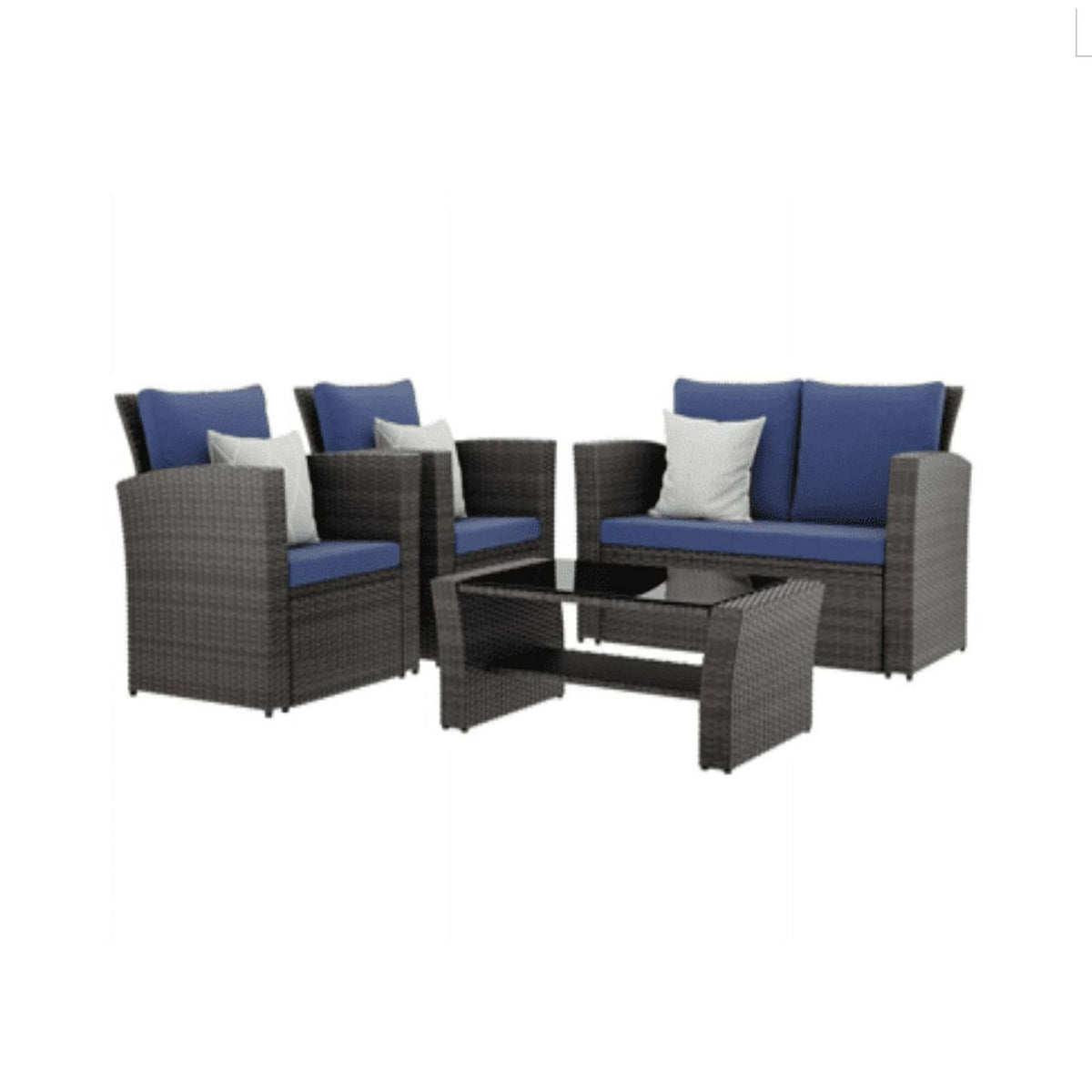 Blue Brown PE Rattan Patio Set with Glass Table for Poolside for Outdoor