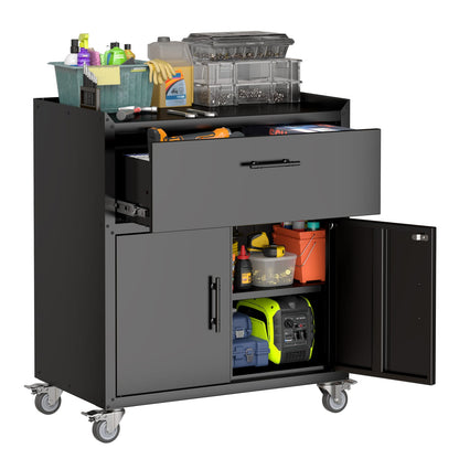 Black Metal Rolling Tool Cabinet with Lockable Wheels for Garage Storage