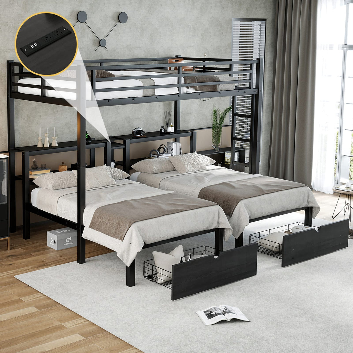 Triple Bunk Bed with Drawers - Black Metal Frame for Bedroom