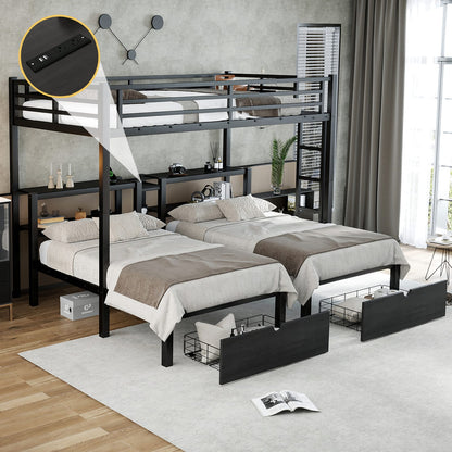 Triple Bunk Bed with Drawers - Black Metal Frame for Bedroom