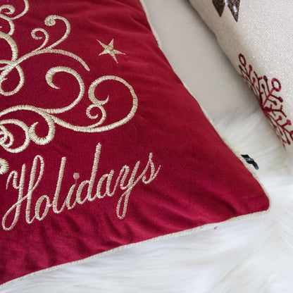 Happy Holidays Embroidered Velvet Throw Pillow 20x20" Red Christmas Accent