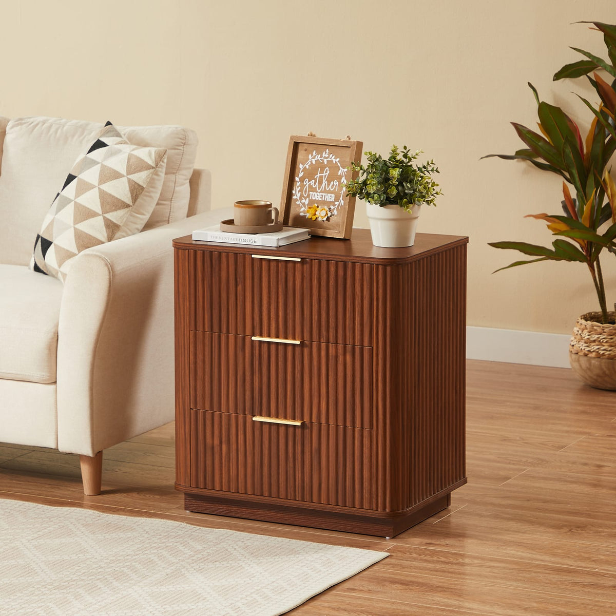 3-Drawer Walnut MDF Nightstand - 23.6" Wide Bedroom Storage