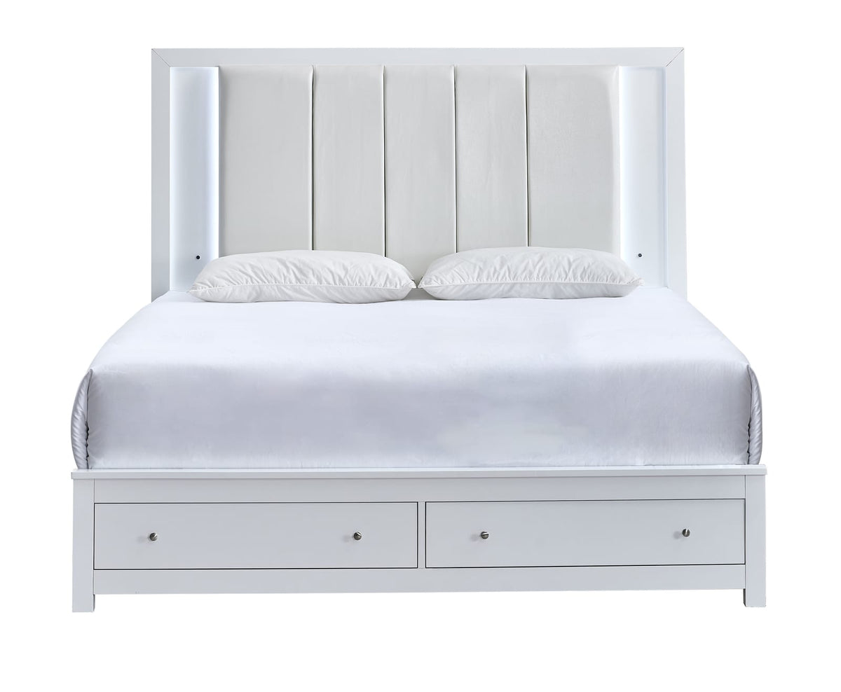 Queen White Wood Bed with Storage Drawers