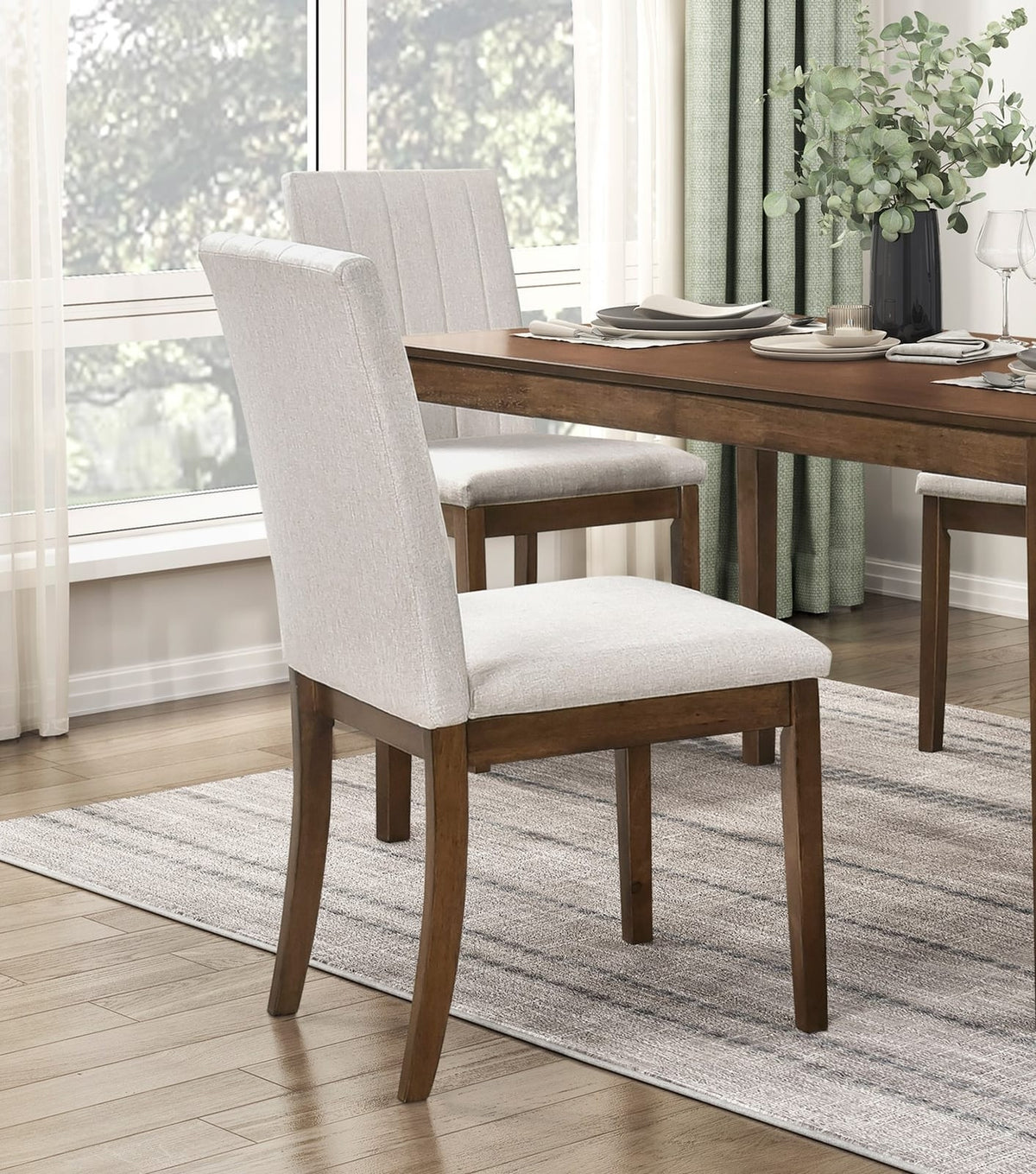 Brown Wood Dining Chairs Set of 2 with Beige Fabric Upholstery