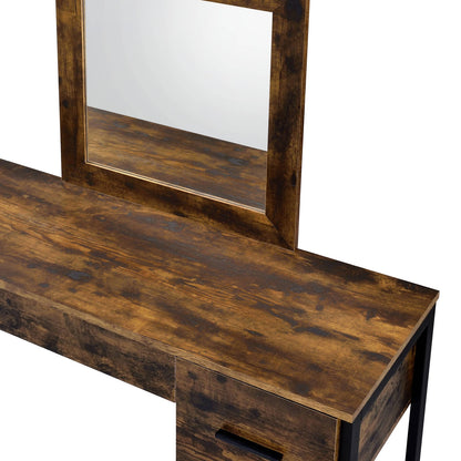 Rustic Oak Vanity Desk & Mirror Set - 4 Drawers