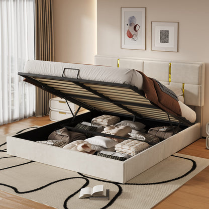 Beige Velvet Platform Bed with Hydraulic Storage for Queen Size for Bedroom
