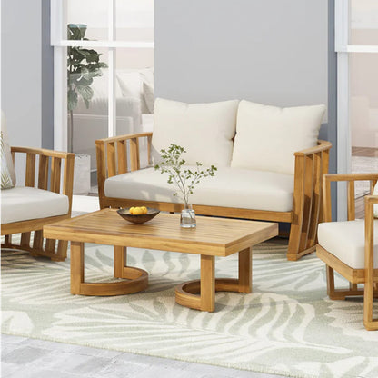 Beige Brown Acacia Wood Patio Loveseat & Coffee Table Set
