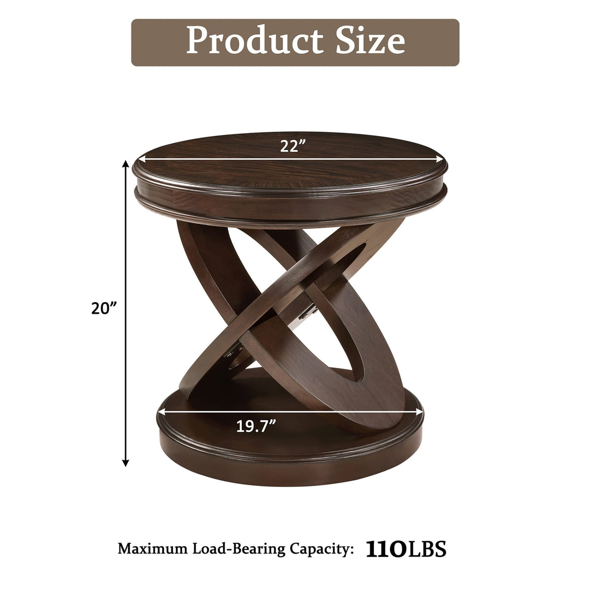 Retro Round Wooden End Table - Espresso, Sofa Side Table with X-Shape Base