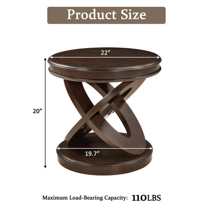 Retro Round Wooden End Table - Espresso, Sofa Side Table with X-Shape Base