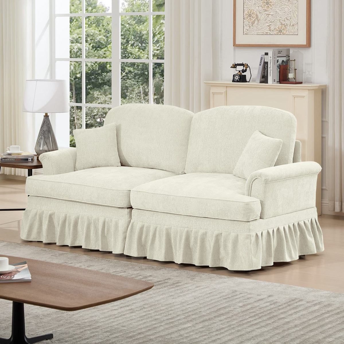Two Seat Beige White Chenille Sofa Couch with Ruffles for Living Room