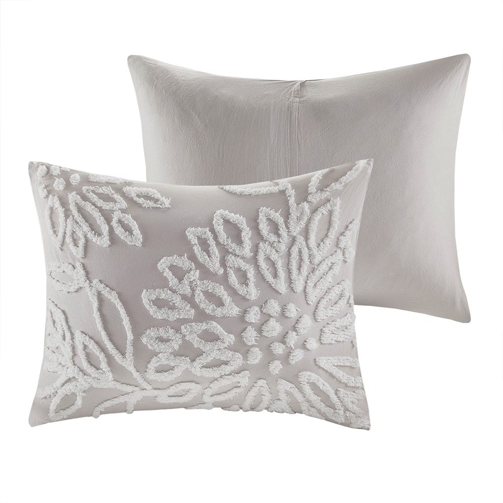 Queen Grey Cotton Chenille Duvet Cover Set - Floral Tufted