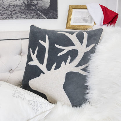Gray Velvet Reindeer Accent Pillow 20x20 with Insert Set