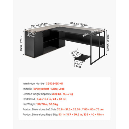 L-Shaped Executive Desk - Large Black+Grey Iron Office Table with Drawers & Storage