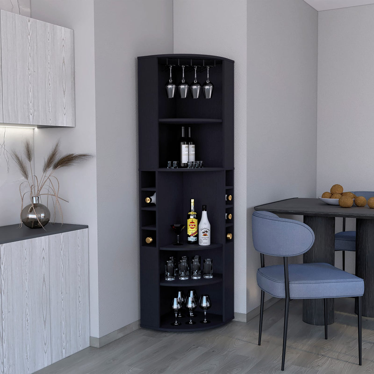 71" Corner Bar Cabinet - 5 Shelves, Black for Dining Room