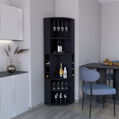 71" Corner Bar Cabinet - 5 Shelves, Black for Dining Room