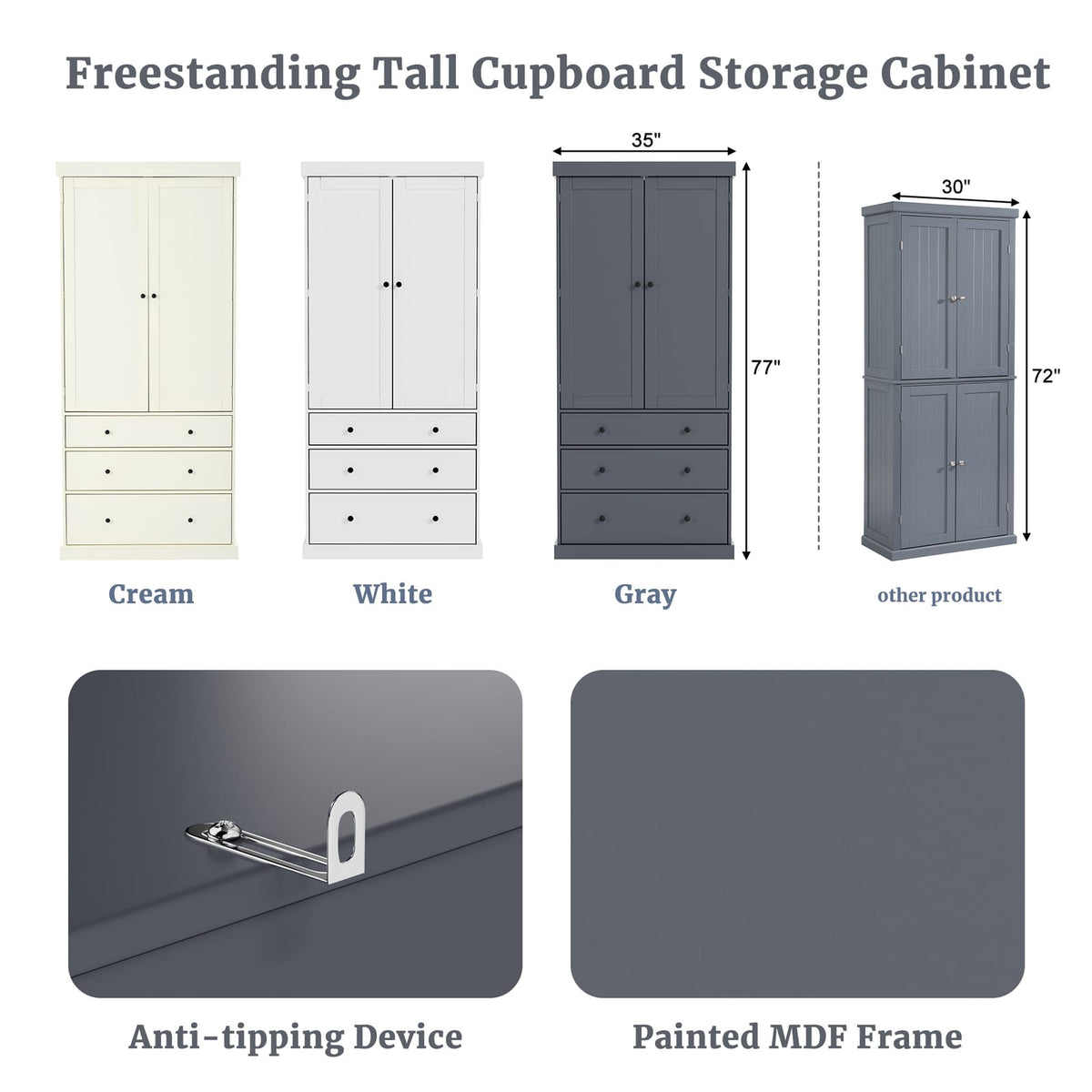 TOPMAX 77" Farmhouse Kitchen Pantry - Gray MDF Storage Cabinet