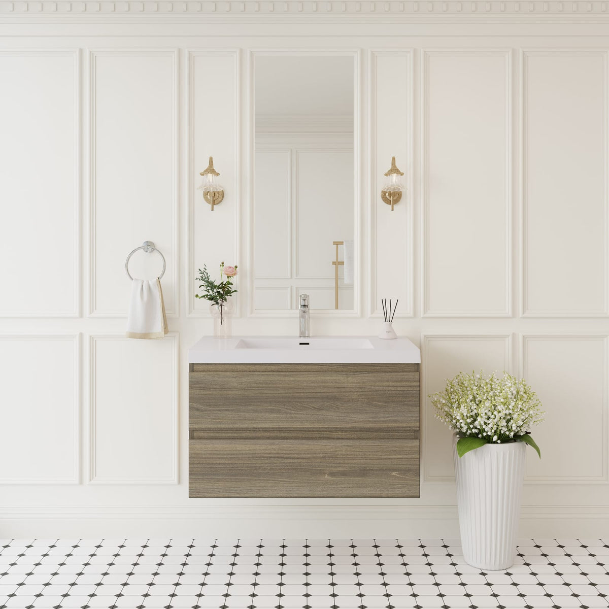 Grey Ash Bathroom Vanity - Wall Mounted Storage