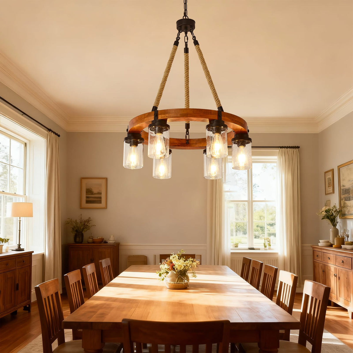 Rustic Wagon Wheel Chandelier - 23.6" Round Wood Pendant Light