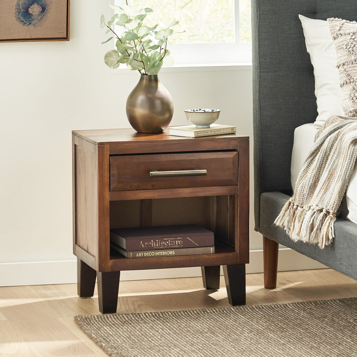Acacia Wood Nightstand - 20" Brown Bedroom Table for Living Room