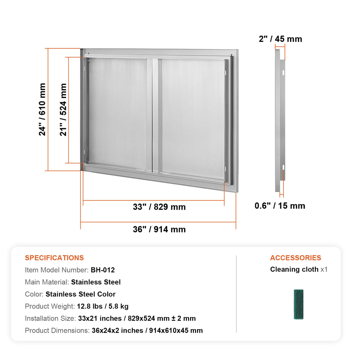 Stainless Steel Outdoor Kitchen Door - 36x24 Inch BBQ Island Access