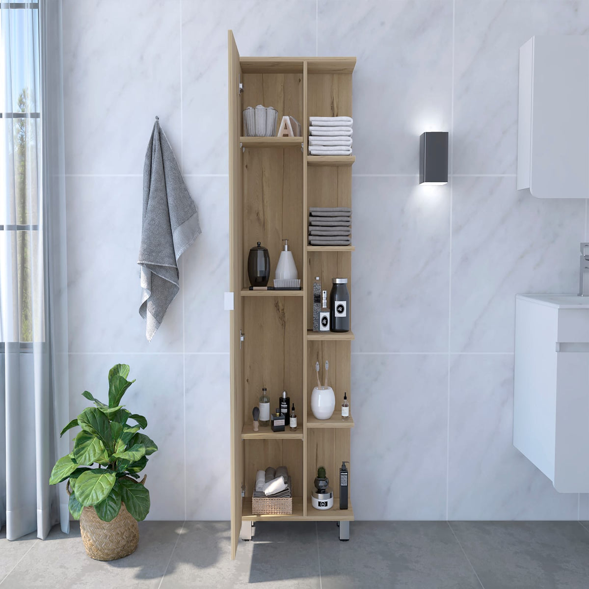 Beige Particle Board Bathroom Cabinet with Adjustable Shelves for Living Room