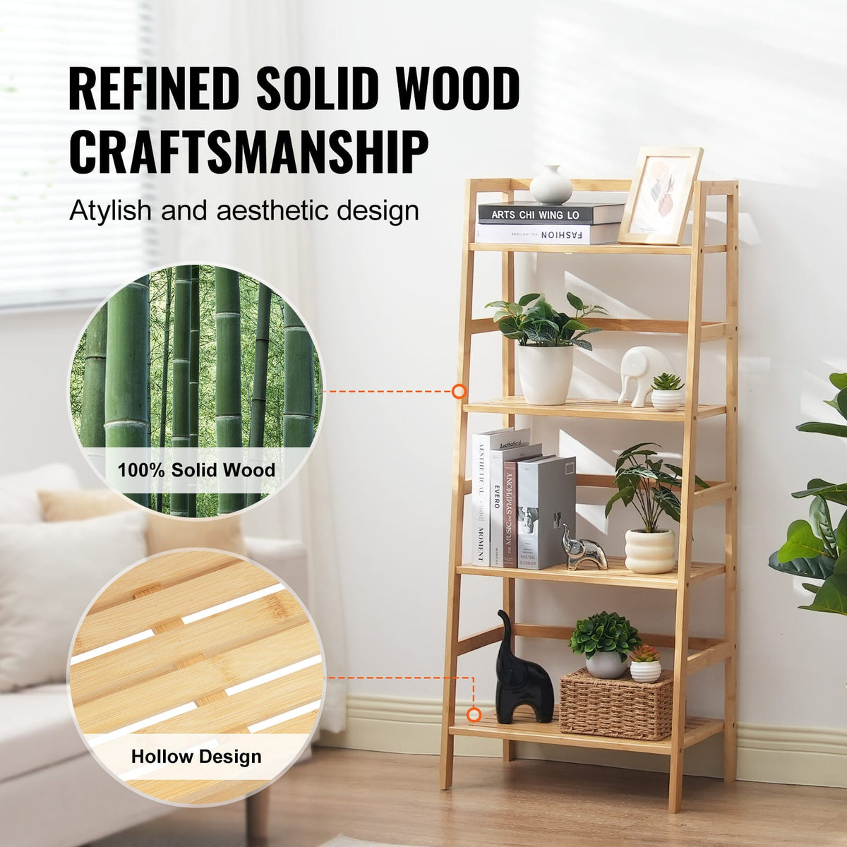 Natural Wood Ladder Shelf - 4 Tier Bamboo Bookshelf