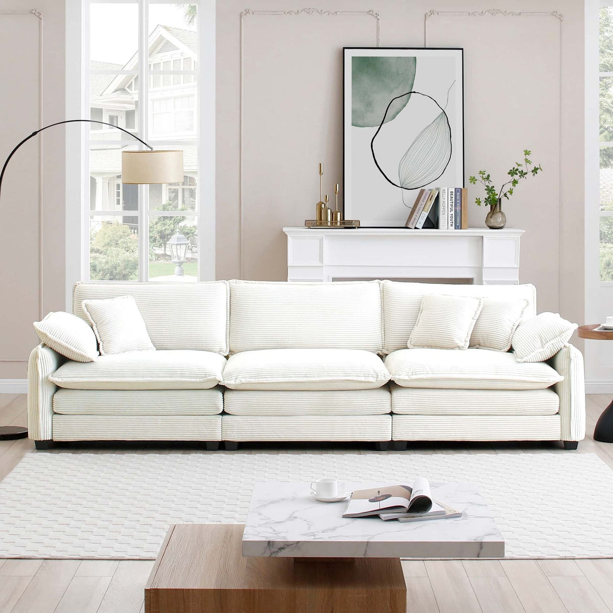 Beige Corduroy 3-Seater Sofa - Retro Mid Century Style